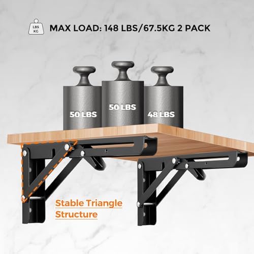 Ravinte Matte Black Folding Shelf Brackets, 10 Inch, 4 Pack