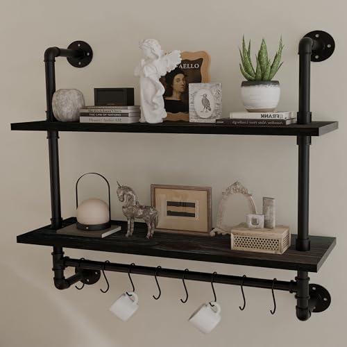 ROGMARS Industrial Pipe Shelving Pine Wood Black Floating Shelves for Wall