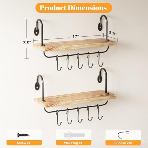 Olakee Floating Wall Shelves for Kitchen Bathroom Coffee Nook with 10 Adjustable Hooks for Coffee Mugs, Coffee Bar Organ