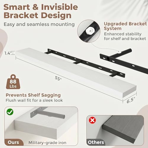 55 Inch Floating Shelves for Wall, 6.5"D Wood Storage Shelves, White Finish