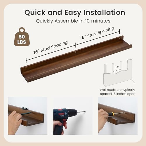 FLYJOE Picture Ledge Wall Shelves 36 inch Width Set of 2, Solid Pine Wood Rustic Floating Ledge Shelves for Wall for Kids' Room Bedroom Kitchen Bathroom Living Room Nursery Display Wall Decor, Walnut