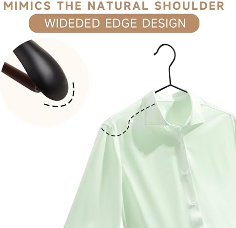 Wide Shoulder Wire Hangers with Wood Pants Bar, Black, 12-Pack