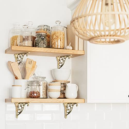 khtumeware Shelf Brackets 8 Inch 4pack Heavy Duty Gold Brass Wall Bracket Baroque Kitchen Decorative Rack Shelves, Inclu