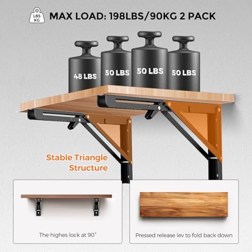 JOY DECOR Matte Black Folding Shelf Brackets, 14 Inch, 2 Pack