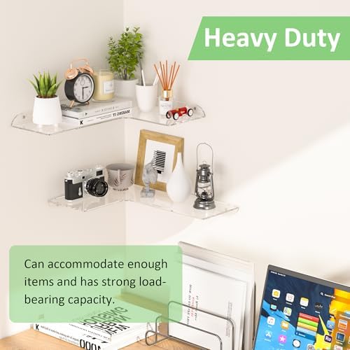 Sezanrpt 11.4x16 Inch Acrylic Corner Floating Shelf Set of 2, Clear Corner Wall Shelf for Home Décor, Speakers, Security