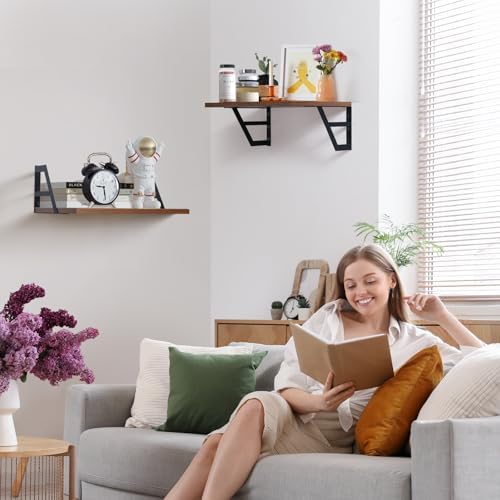 Tectocker-DOU 2 Pc Deep Floating Wall Shelves, Heavy Duty, 15.7×11.8, Brown