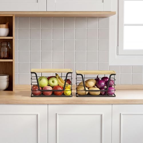 ALOCEO 2 Pack Stackable Wire Storage Basket with Bamboo Lid, Stainless Steel Extra Large Trash Bag Dispenser Roll Holder