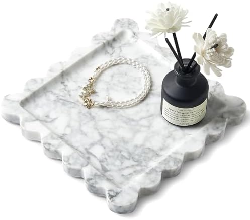 Scalloped Natural Marble Tray - Decorative Stone Tray for Bathroom & Vanity
