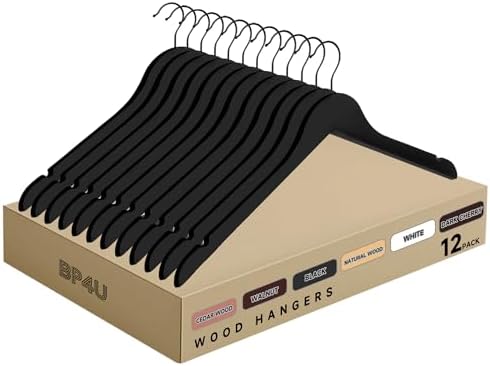 Wooden Top Hangers with 360° Swivel Hook, Black, 12-Pack