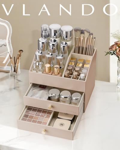VLANDO 3-Layer Vanity Organizer with 2 Large Drawers for Vanity,Toffee