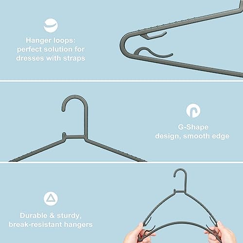Byomostor Plastic Hangers 50 Pack, Light Weight Durable Clothes Hangers with Hooks Standard Size G-Shape&Non-Slip Coat Hangers for Everyday Use (Grey)