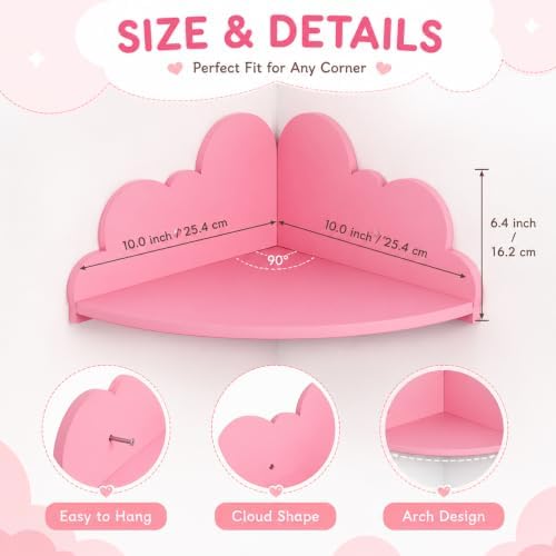 Cloud Corner Floating Shelves, Set of 3 Wall Mounted Shelves, Pink