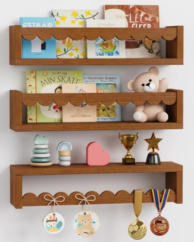 Scalloped Floating Shelves for Nursery, Walnut Scallop Kids Wall Book Shelf
