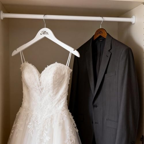 2 Pcs Bride Wedding Dress Hanger Wooden Groom Suit and Gown Non-Slip Hangers Bridal Party Shower Gift (Mr. and Mrs.)