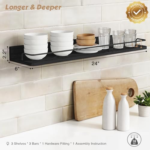Forbena 24 Inch Wall Shelves for Bedroom 3-Pack, Black Floating Shelves with Rail, Vintage Large Floating Book Shelves f