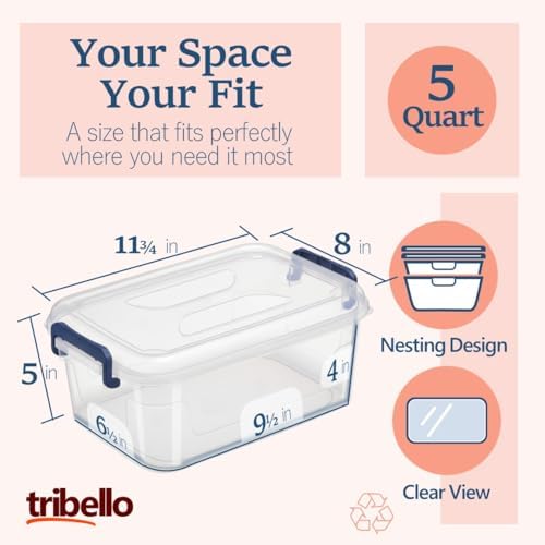 Tribello Plastic Storage Bins with Lids, Clear Stackable Storage Containers - 5 Qt - 3 Pack