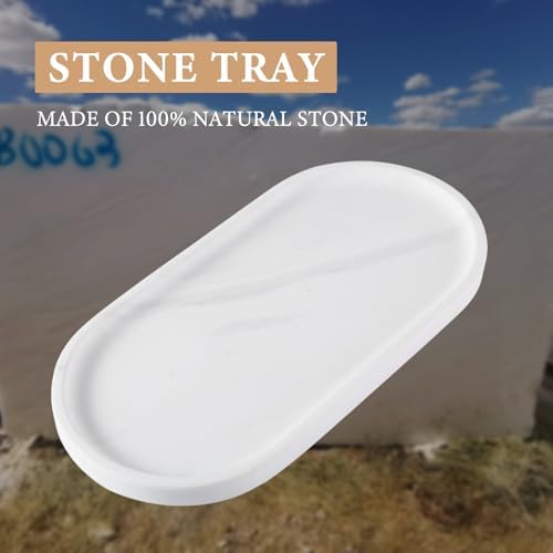 Koville White Marble Oval Tray for Bathroom Countertop, 10" x 5" Natural Marble Vanity Trays, Stone Perfume Organizer Tr