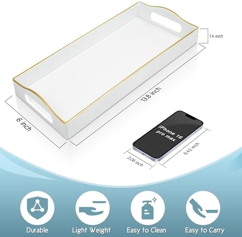 Gifturbo White Bathroom Vanity Tray,Gold Edged Decorative Tray with Handles, Small Rectangular Counter Tray for Perfume,