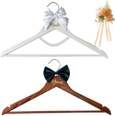 2 Pack Wedding Hangers Gifts Accessories, Groom Bride Hanger for Wedding Dress or Suit, Bridal Hanger with Bow Tie & Exq