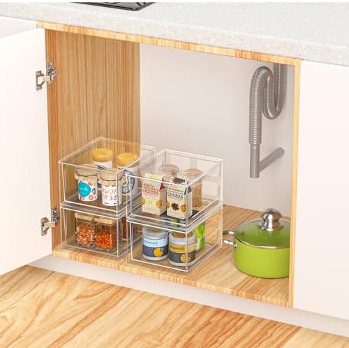 SpaceHacks 4 Pack Stackable Plastic Makeup Organizer Drawers, Acrylic Organizers, Clear Storage Bins with Pull-Out Handl