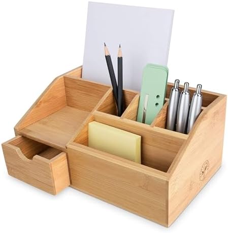 FLYGRUBS Thingles Bamboo Desk Organizer, Wood Pen Holder with Drawer, Storage Box, Pencil Box, Desk Tray for Office, Home Office - Wood Desk Organizer