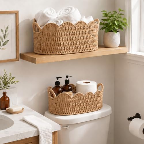 Coeusy Paper Rope Scalloped Basket Set of 2, Wicker Storage Baskets for Shelves,Gifts,Books,Toys,Cute Decor Rattan Baske