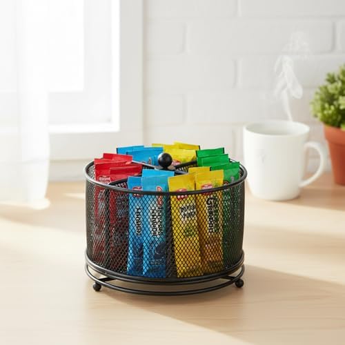 Drink Packet Organizer, 4-Compartment Metal Lazy Susan Turntable for Powdered Drink Mix and Water Flavor Packets, Black