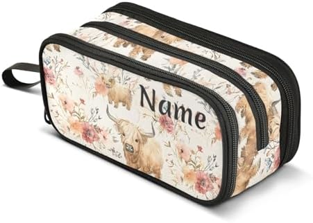 Custom Cute Highland Cows Flowers Pencil Case Box Boys Girls Personalized Name Large Pencil Pouch Stationery Pen Bag Organizer for Kids Adults School Office
