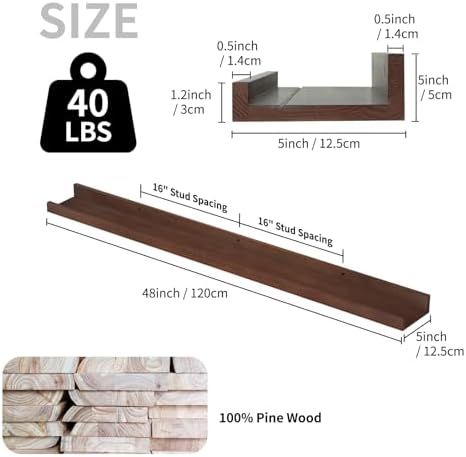 SAUMONIERES Picture Ledge Shelf Floating Book Shelves Set of 2 Wall Mounted Solid Wood for Bedroom Bathroom Living Room 