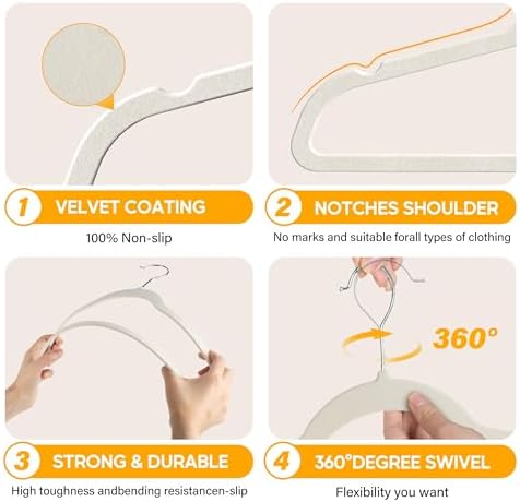 HealSmart Velvet Hangers 60 Pack, Space Saving Clothes Hangers for Closet, Non-Slip Heavy Duty Coat Hangers for Pants, Shirt, Sweater, Suit & Dress Clothing with 360° Swivel Hook, White