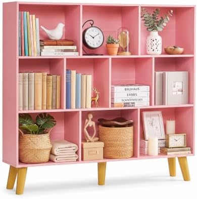 YAHARBO 10 Cube Bookshelf,3 Tier Bookcase with Legs,Light Pink Mid-Century Modern Bookshelves,Large Free Standing Open S