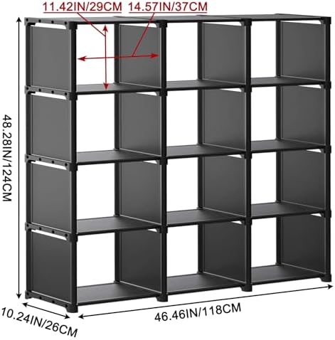 12 Cube Storage Organizer Book Shelves, DIY Open Stackable Bookshelf, Extra Large Plastic Bookcase Rack for Bedroom, Liv