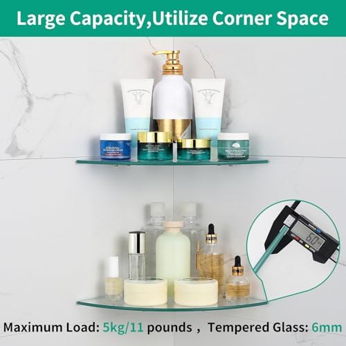 2-Pack Glass Corner Shower Shelves with Aluminium Brackets, 9.5 X 9.5 Tempered Glass Bathroom Shelf, Wall Mounted Organi