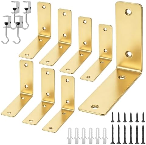 L Floating Shelf Brackets,8 Pack Heavy Duty L Brackets for Shelves, L 5" X H 4" Gold Metal Countertop Support Brackets,W