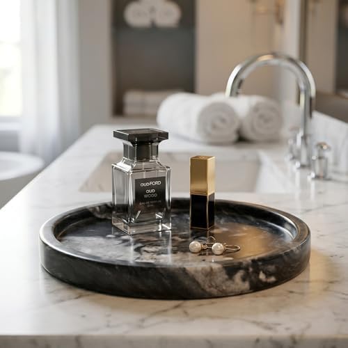 Round Grooved Marble Tray, 10-Inch Polished Natural Stone Serving Platter | Heavyweight 5lb Decorative Vanity Tray for K