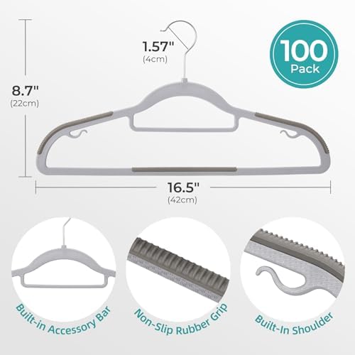 HOUSE DAY Slim Plastic Hangers 100 Pack, Non Slip Gray Clothes Hangers