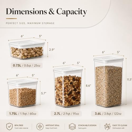 Smart Seal Airtight Food Storage Containers Set of 3, Extra Large 3.6L Pantry Containers for Cereal, Flour, Rice & Dry Food, Stackable BPA-Free Clear Canisters with Twist Lock Lids, White, 122 oz