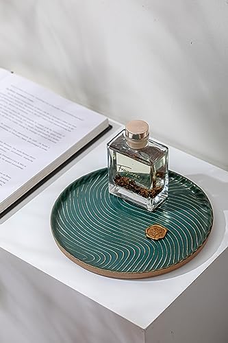 Vanity Tray with Brown Trim - Candle & Perfume Holder Organizer - Round, Green, 8"8" - Home Decor for Dresser, Table, Ba