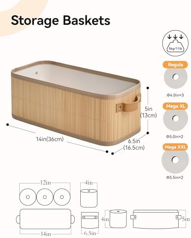 Narrow Storage Bins, Small Basket for Closet and Shelves, Bamboo Toilet Paper Storage Organizer with Handles for Counter