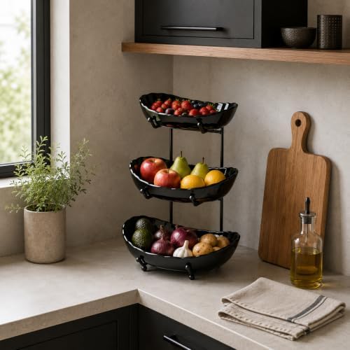 HBlife 3 Tier Fruit Bowl, Ceramic Fruit Basket for Kitchen Counter