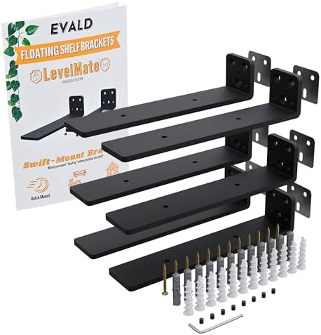 EVALD LevelMate™ 8" Swift-Mount Floating Shelf Brackets | Heavy Duty Hidden Black Carbon Steel Supports for Wood Shelves