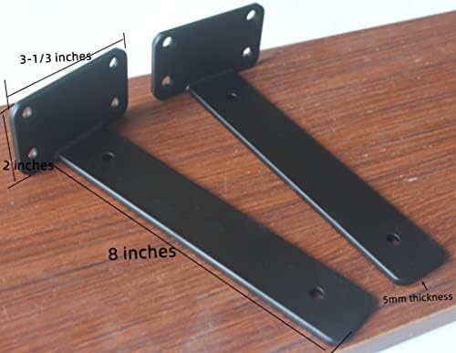 4 Pack - 8 inch Black Hidden L Shelf Bracket (1/5 Inch Thicked) Iron Floating Shelf Brackets Rustic Industrial Metal Bra