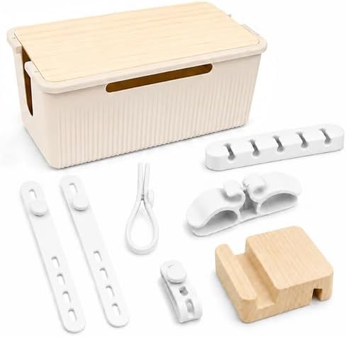 Cable Management Box, Cord Organizer, Pine Wood Lid, Cream White