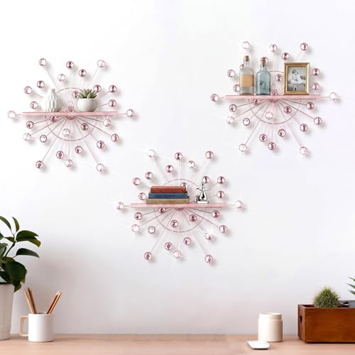 Yaocom 3 Pcs Bling Crystal Floating Shelves Metal Starbursts Wall Decor Folding Shelf Pink Corner Shelves Hanging Wall M