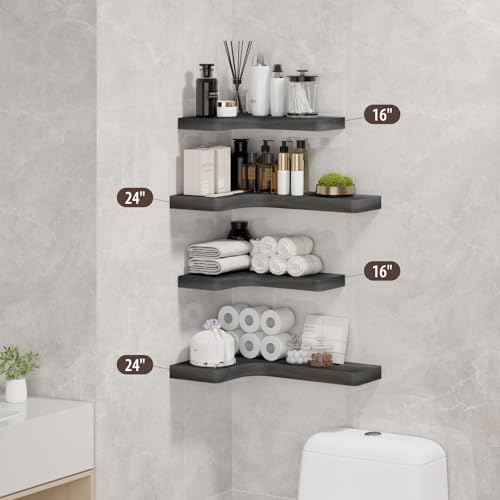 SAUMONIERES Corner Floating Shelves 24 Inch Wall Mount Shelf Solid Wood for Bedroom Bathroom Kitchen Storage Set of 2, B
