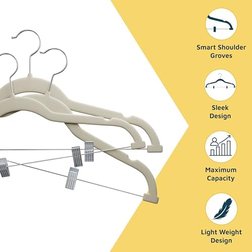 Lifemaster Velvet Skirt Hangers – with Adjustable Clips, 360 Degree Swivel Hook, and Non-Slip Shoulder Notch, Holds Up to 10 lbs, for Organizing Skirt, Pants, Dress, and Clothes, Pack of 20, Ivory