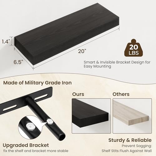 Axeman 20Inch Floating Shelves for Wall, 2 Packs, Invisible Brackets, Black