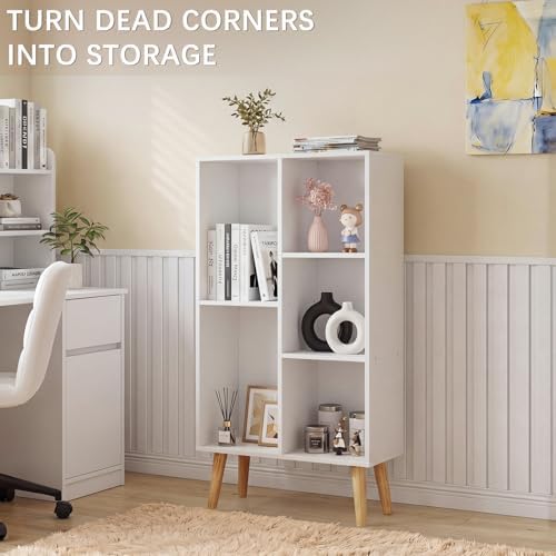 YAHARBO Small White Bookshelf,3 Tier Modern Kids Bookcase with Legs,5 Cube Wooden Bookshelves Storage Shelf,Book Shelves