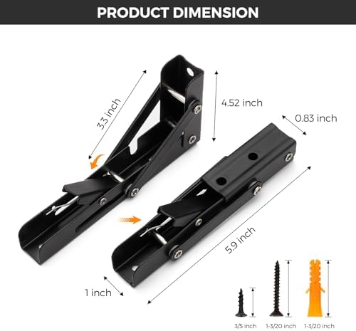 JOY DECOR Matte Black Folding Shelf Brackets, 6 Inch, 4 Pack