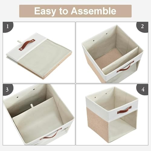 Bagnizer Storage Cubes, 4 Pack Linen Foldable Storage Bins with Clear Window and 2 Handles, 13x15x13 Storage Cube Bins for Shelf Closet, Kallax, Clothes, Books - (Beige / Off-White)